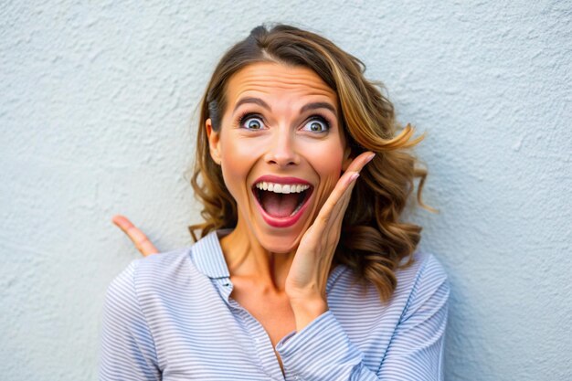 Enthusiastic joyful surprised woman introduce incredible offer