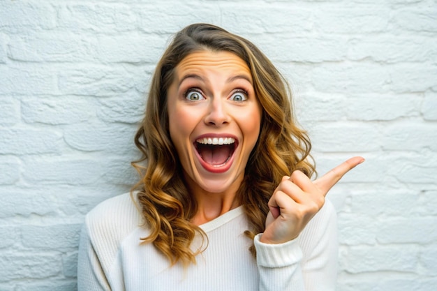 Enthusiastic joyful surprised woman introduce incredible offer