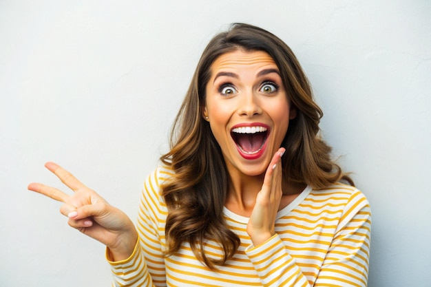 Enthusiastic joyful surprised woman introduce incredible offer