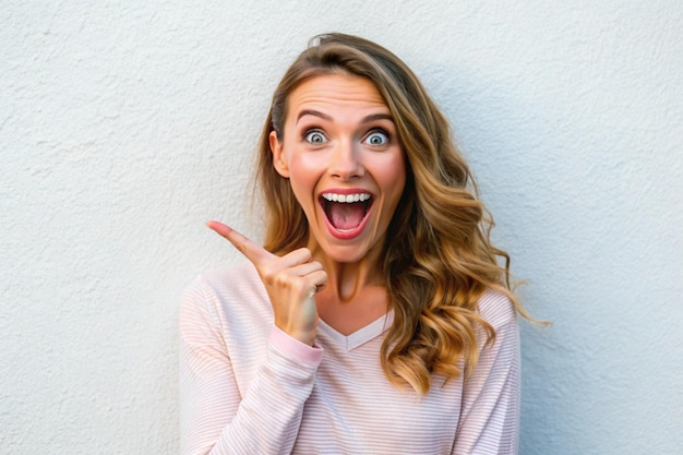 Enthusiastic joyful surprised woman introduce incredible offer