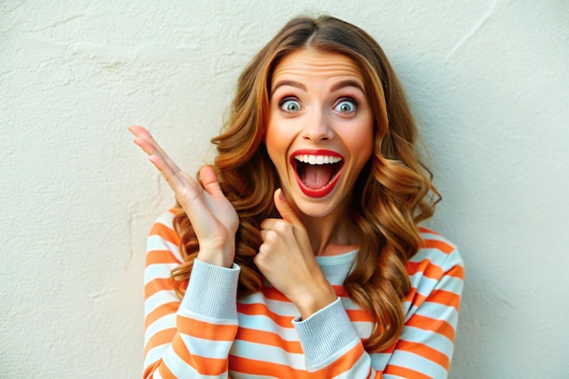 Enthusiastic joyful surprised woman introduce incredible offer