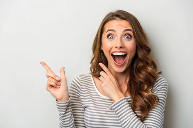 Enthusiastic joyful surprised woman introduce incredible offer