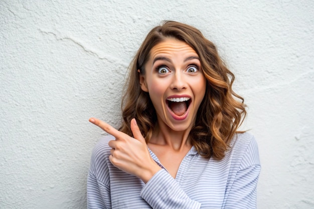 Enthusiastic joyful surprised woman introduce incredible offer