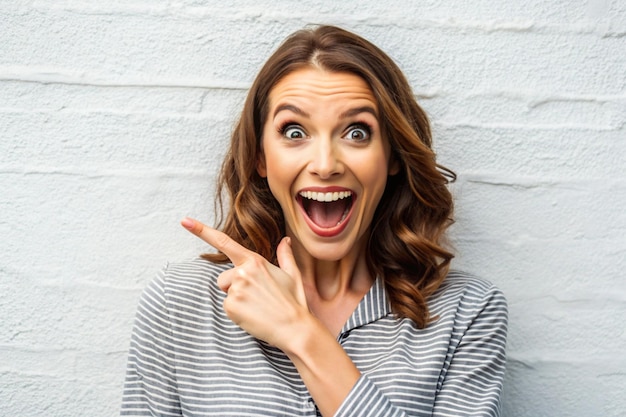 Enthusiastic joyful surprised woman introduce incredible offer