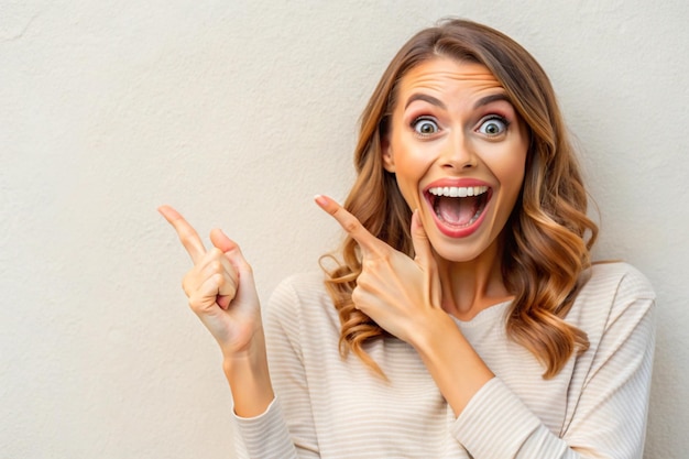 Enthusiastic joyful surprised woman introduce incredible offer