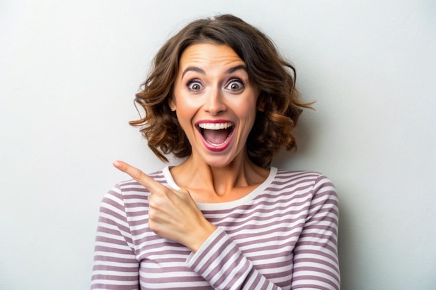 Enthusiastic joyful surprised woman introduce incredible offer