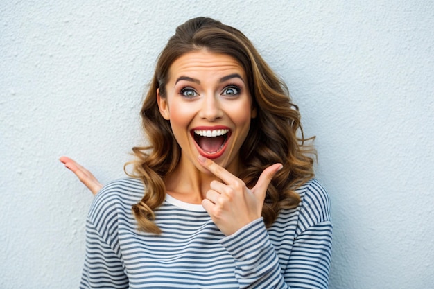 Enthusiastic joyful surprised woman introduce incredible offer