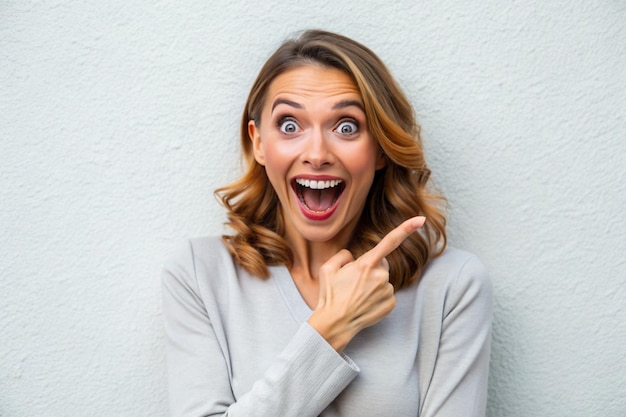 Enthusiastic joyful surprised woman introduce incredible offer