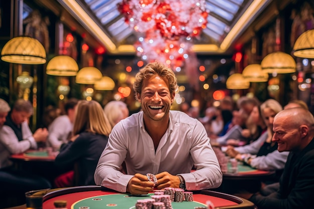 Enthusiastic players in a casino engaged in an intense high stakes poker tournament