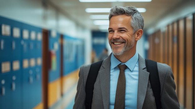 Photo the enthusiastic principal strolls through the school hallway inspiring students and staff