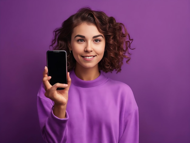 Enthusiastic Smiling cute girl showing smartphone