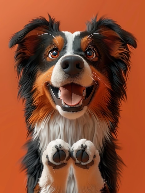 Enthusiastic Tri Color Dog with Floppy Ears and Happy Expression Against Orange Background