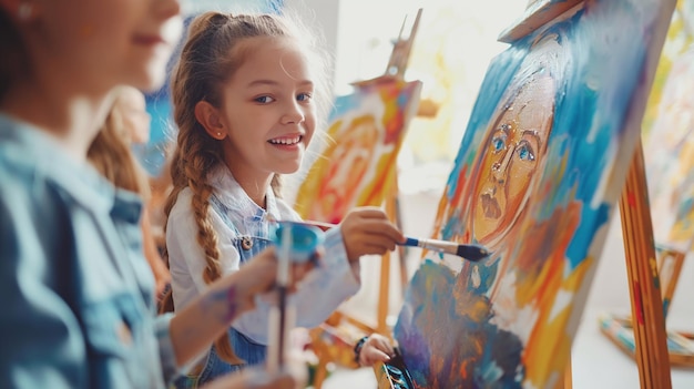 Enthusiastic young artists painting on easels in a bright classroom creative expression learning