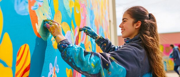 Photo enthusiastic young volunteers painting a community mural