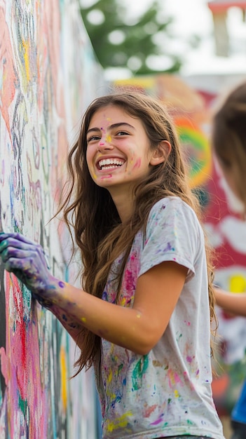 Enthusiastic Young Volunteers Painting a Community Mural