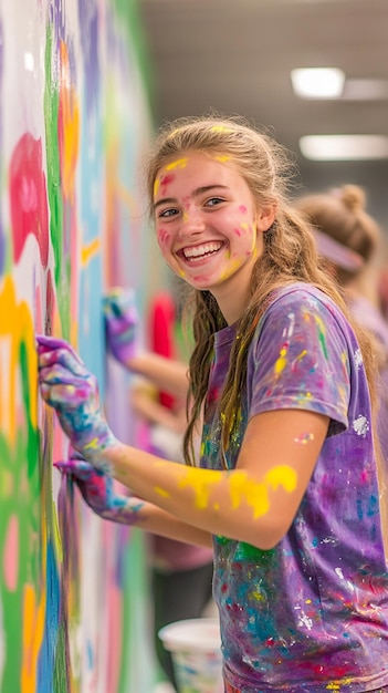 Enthusiastic Young Volunteers Painting a Community Mural