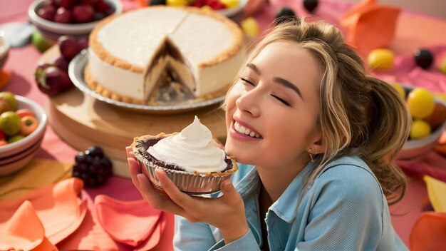 Enthusiastic young woman eating creamy pie carefree female model enjoying fruits and cake