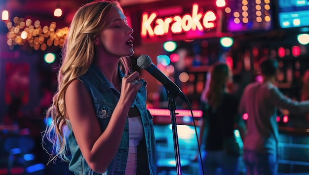 Photo enthusiastic young woman singing passionately into a microphone under the neon glow of a vibrant karaoke sign in a lively night entertainment setting