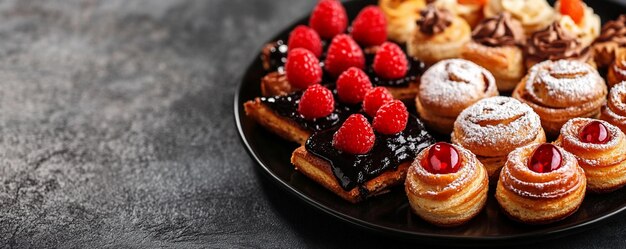 Photo an enticing assortment of delicious pastries adorned with fresh raspberries perfect for dessert lovers and special occasions