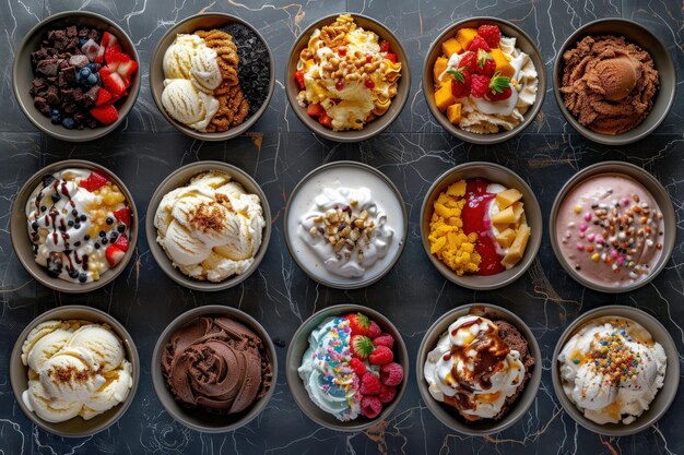 Photo an enticing overhead view showcases a vibrant ice cream sundae bar filled with various toppings and flavors perfect for a sweet gathering