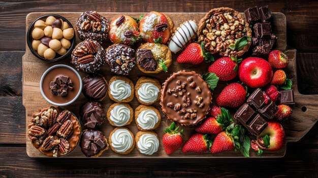 Photo an enticing thanksgiving dessert board featuring pumpkin spice cookies mini pecan pies and caramel apples arranged on a rustic wooden table