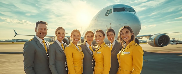 Photo the entire team of flight attendants in yellow and gray uniforms stands on the deck near an airplane