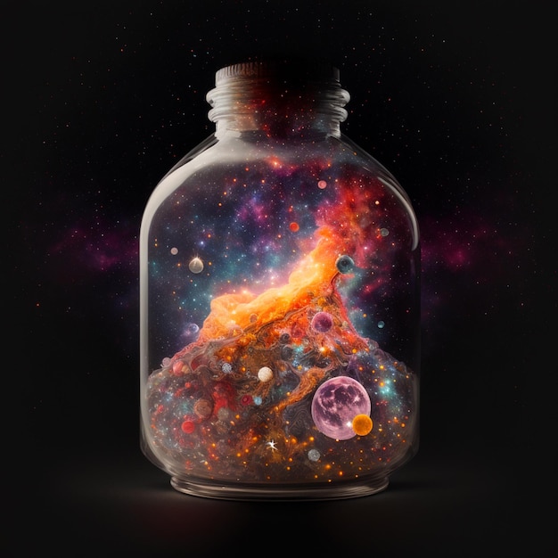 The entire universe with planets and stars contained inside a glass jar AI generated image of the entire cosmos trapped inside a bottle