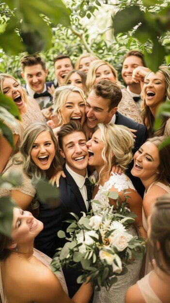 Photo the entire wedding party shares laughter and joy surrounded by lush greenery capturing a moment of celebration and love