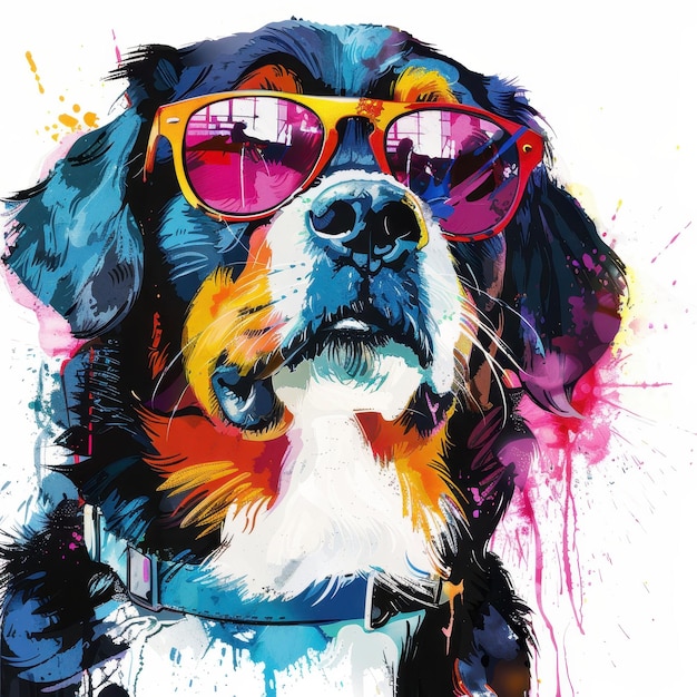 Entlebucher Mountain dog wearing sunglasses in colorful pop art style