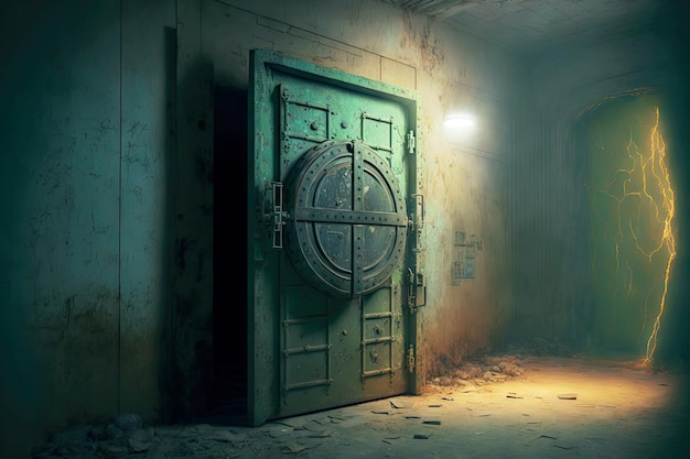 Entrance to abandoned bunker in form of massive metal door