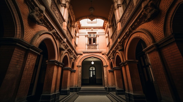 the entrance to the building is lit up by the light.