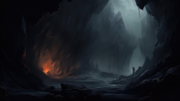 Entrance to the Dark Cave Eerie Underground Landscape with Mist and Intriguing Light Effects in