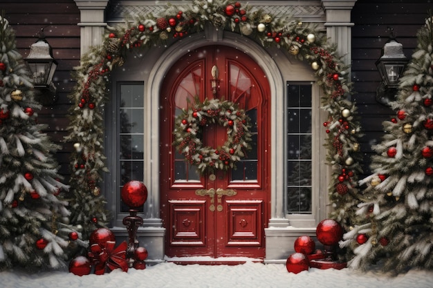 Entrance door with a Christmas wreath and Christmas trees