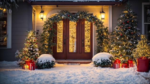 Entrance doors of the house with decorations Christmas tree exterior