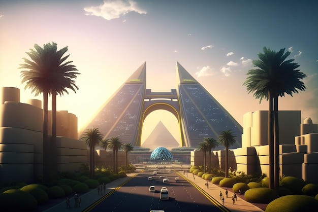 The entrance to an Egyptian futuristic city in the future