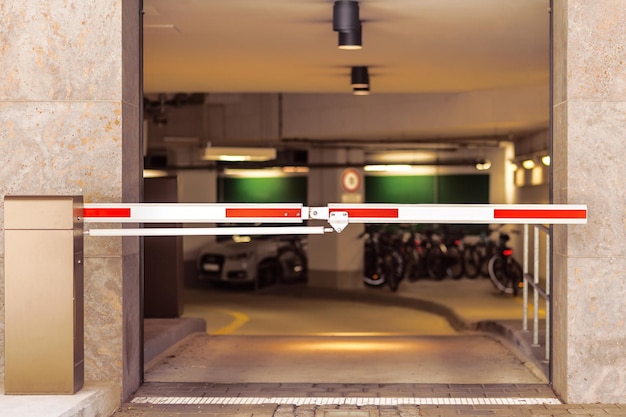 Entrance Gate to underground garage parking Car parking inside Automatic barrier in car park