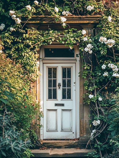 Entrance to a historic manor framed by antique architectural elements and flanked by potted topiaries features an aged door