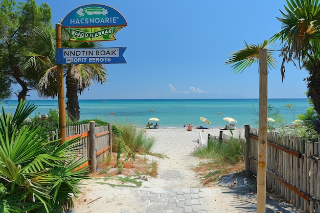 Photo entrance to nudist beach illustrating naturism concept with sign at beach entrance