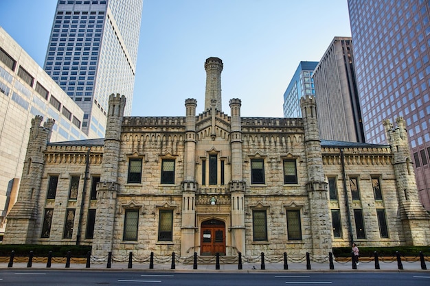 Entrance of old historic and original Chicago city water works building with castle architecture