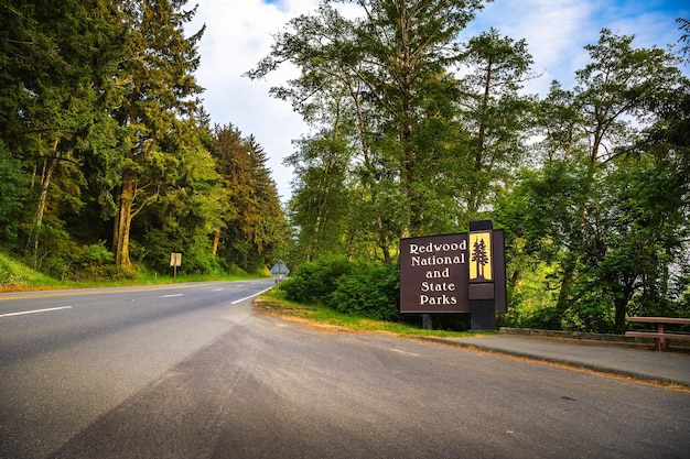 Entrance sign of Redwood National and State Parks in California USA