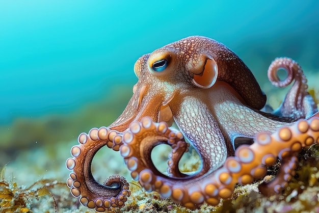 An entrancing octopus gracefully navigates the ocean floor showcasing its vibrant hues against a tranquil blue backdrop