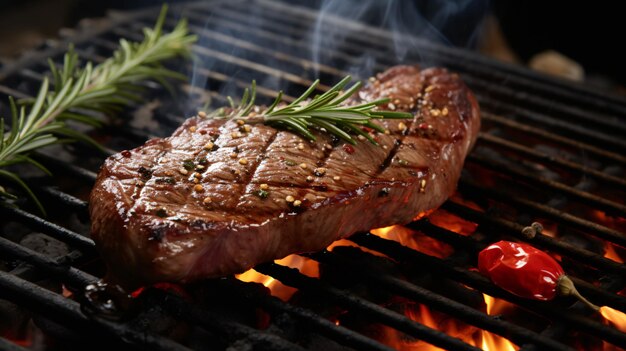 Entrecote Beef Steak On Grill With Rosemary Pepper