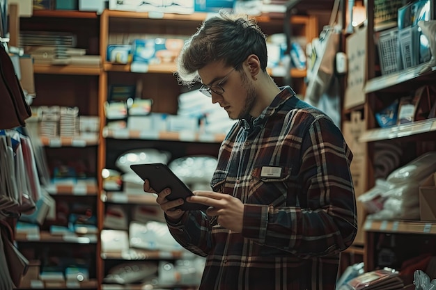 Entrepreneur meticulously counting stock in a small retail store using a tablet to track inventor