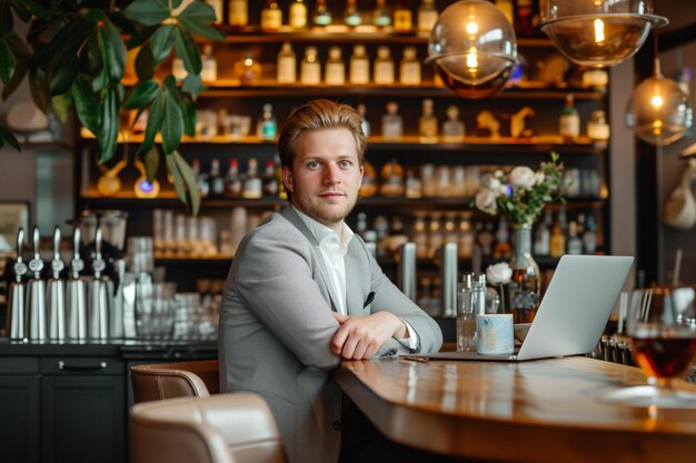 Entrepreneur Working on Laptop in Cozy Bar Setting with AI generated