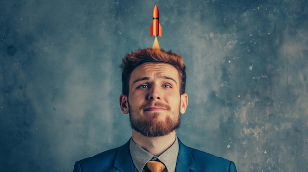 Entrepreneurial Spirit Businessman with rocket launching from his head symbolizing ambition and innovation