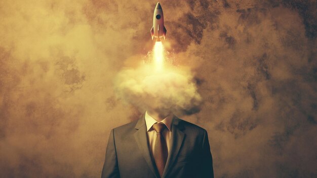 Photo entrepreneurial spirit businessman with rocket launching from his head symbolizing ambition and innovation