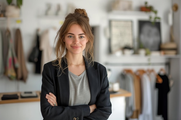 Entrepreneurial young woman with arms crossed standing in a boutique concept of small business ownership and independent fashion retail