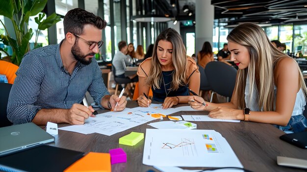 Entrepreneurs Outlining Value Propositions on a Business Canvas in a Modern Open Workspace