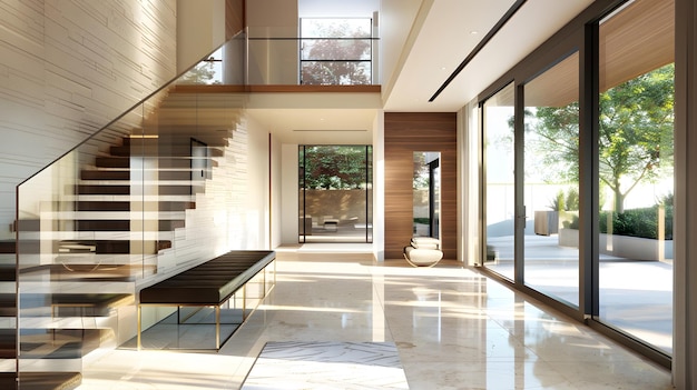 Entry hall and foyer with glass walls stairs console table bench and wooden door Generative AI