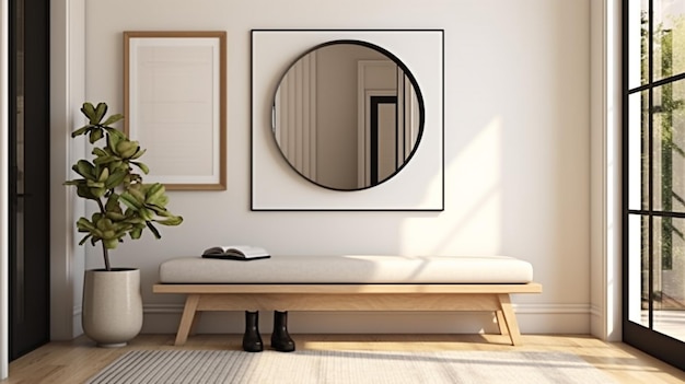 Entryway with contemporary flair minimalist bench geometric rug and large mirror for chic style